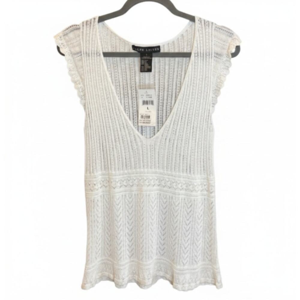 Ralph Lauren Black Label Ivory Linen Lace Top L Vintage NWT Crochet Knit USA